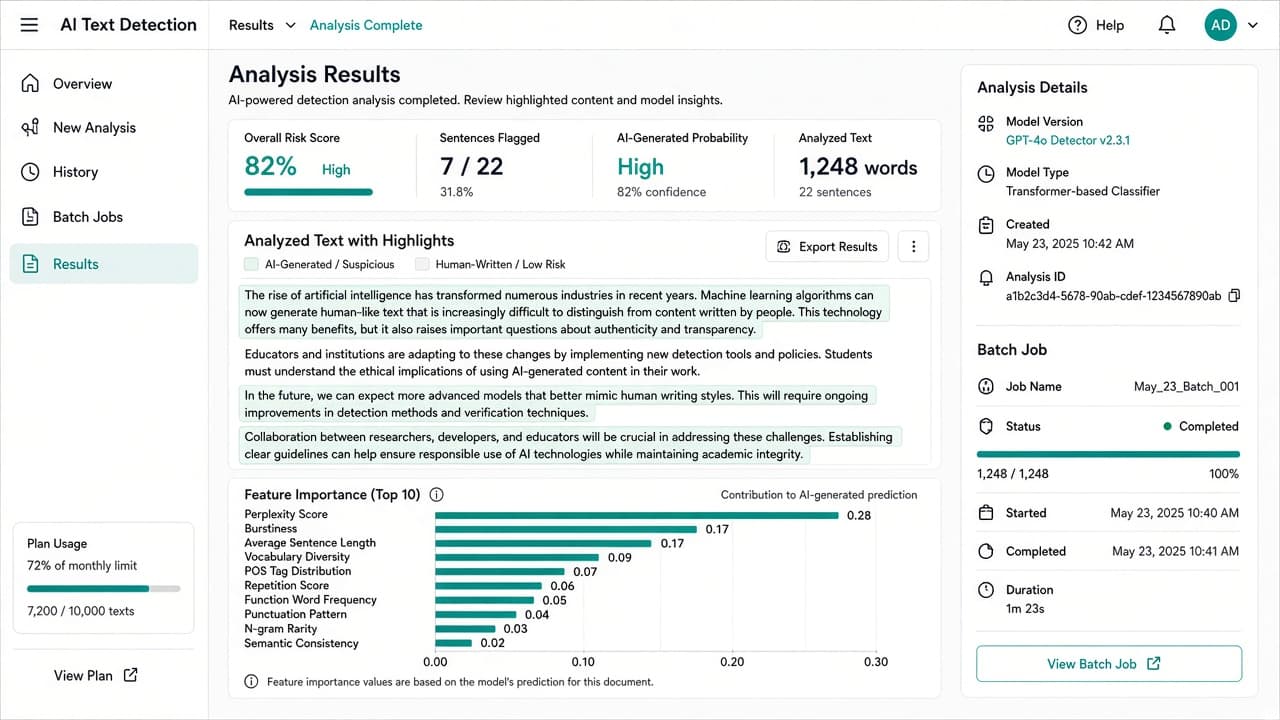 AI text detection dashboard with confidence scoring and evaluation views - view 2