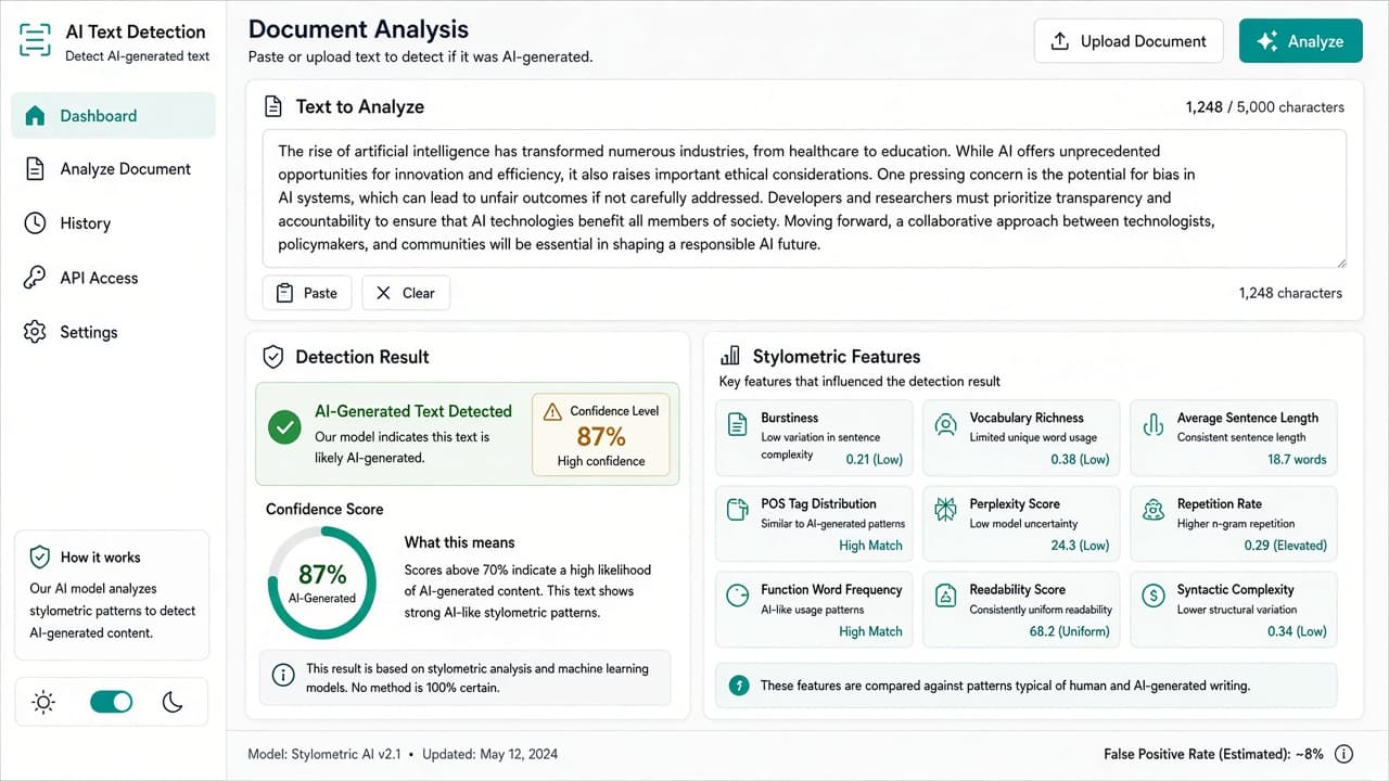 AI text detection dashboard with confidence scoring and evaluation views - view 1