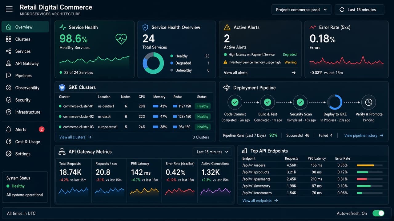 Retail commerce microservices and GKE operations dashboard - view 1
