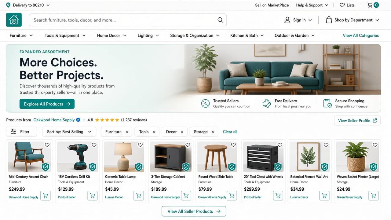 Online marketplace assortment and seller catalog experiences for home improvement retail - view 1