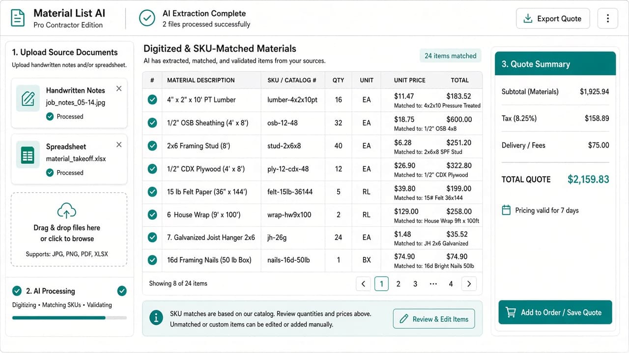 Pro contractor material list digitization and quote-ready order workflows - view 1