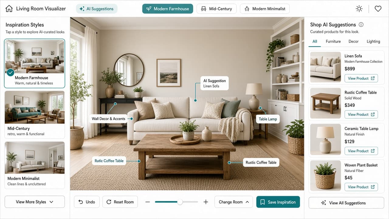 AI-assisted room styling and shoppable product visualization experience - view 1