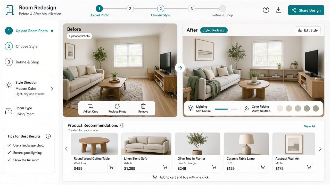 AI-assisted room styling and shoppable product visualization experience - view 2