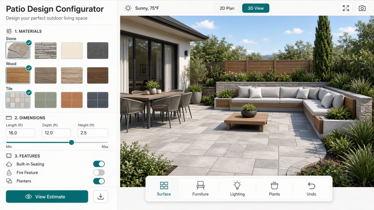 Patio configurator with 3D visualization, materials, and dynamic pricing - view 2