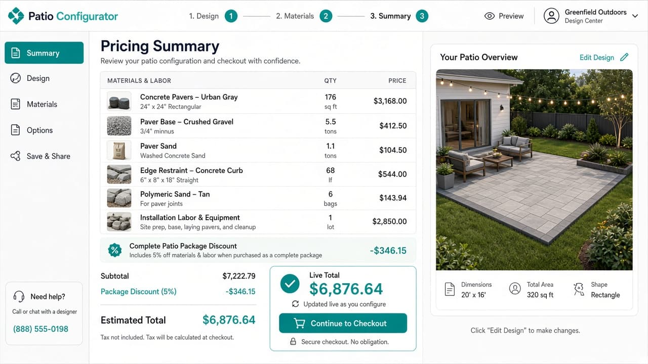 Patio configurator with 3D visualization, materials, and dynamic pricing - view 3