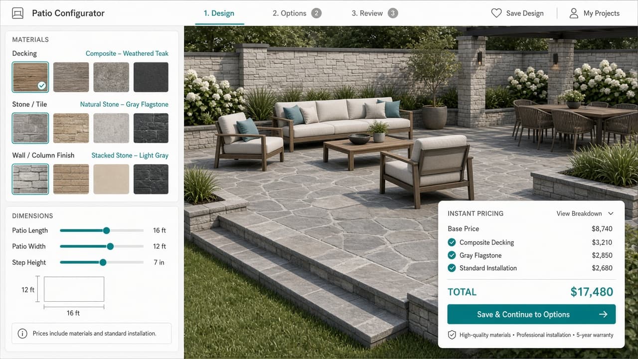 Patio configurator with 3D visualization, materials, and dynamic pricing - view 1