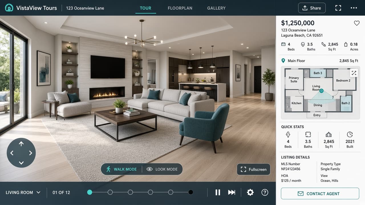 Real estate listing dashboard with embedded 3D virtual property tour - view 3