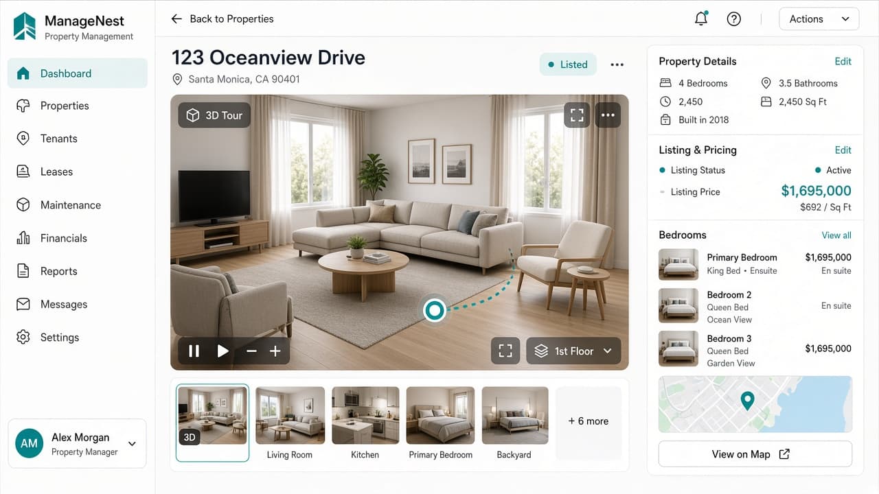 Real estate listing dashboard with embedded 3D virtual property tour - view 1