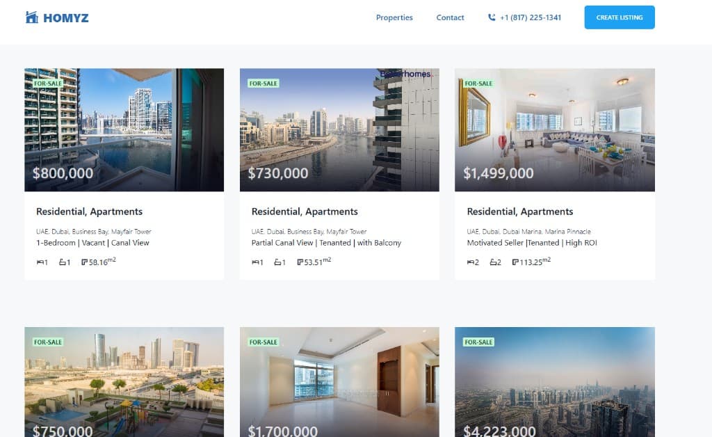 Real estate management system property listing grid